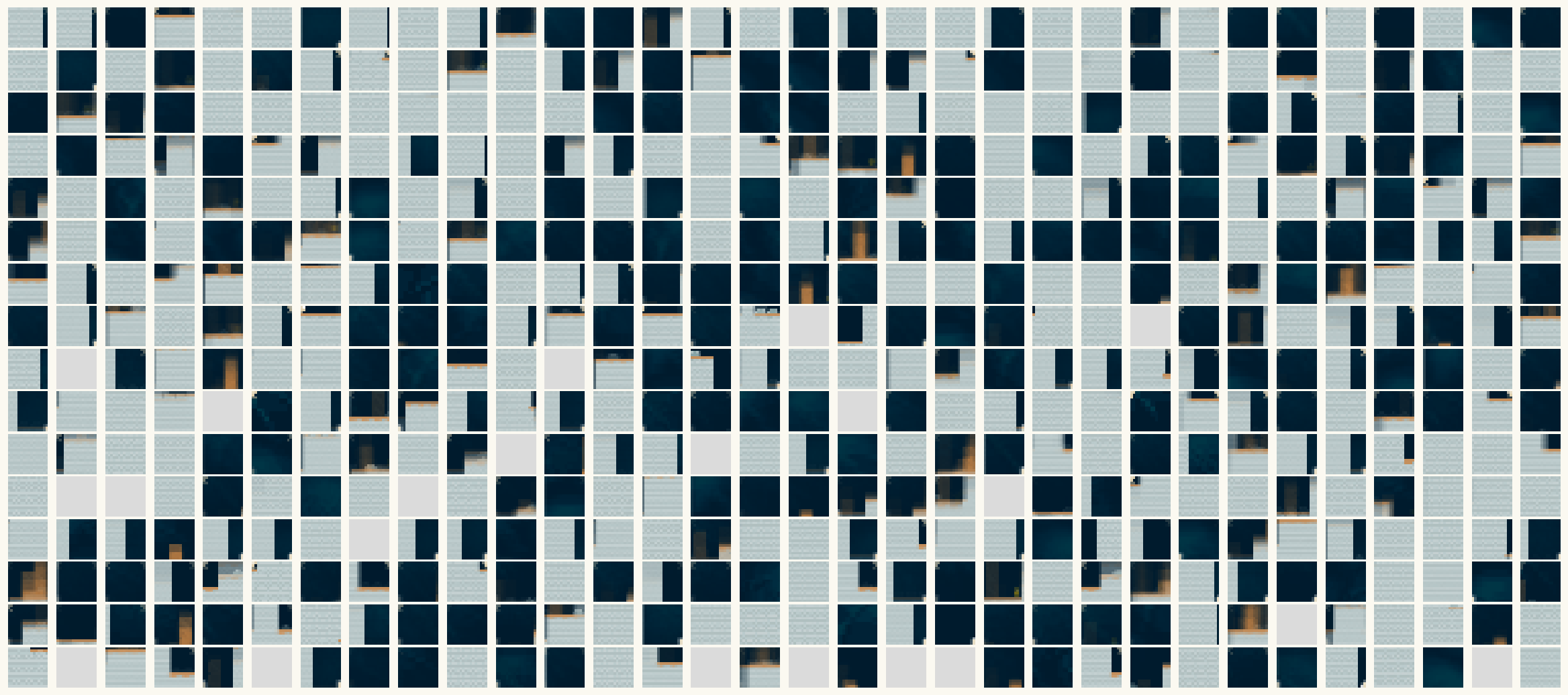 All 512 visual words this model invented for CoinRun — each square is one codebook word, shown as the average of the real 16×16 image patches assigned to it. Nobody labelled any of these.